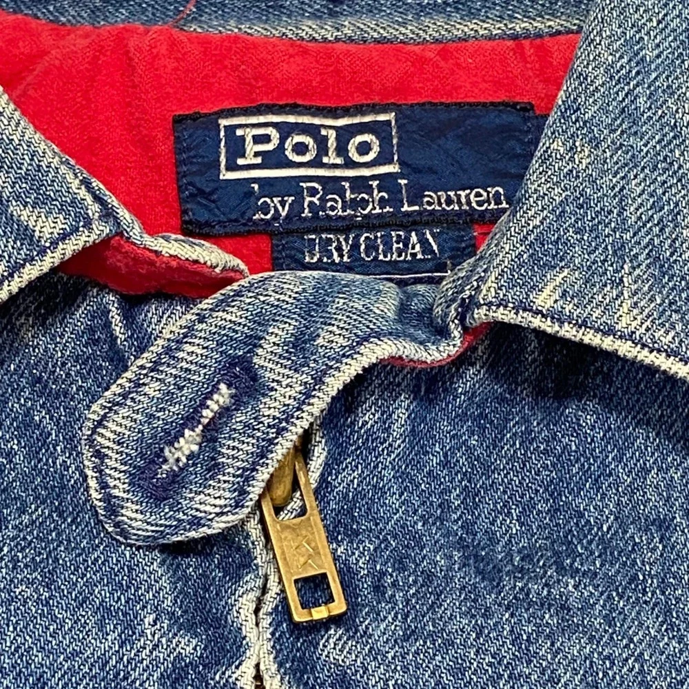 Vtg Polo Ralph Lauren Denim Jacket Mens Medium Blue Harrington Bomber Red Lining